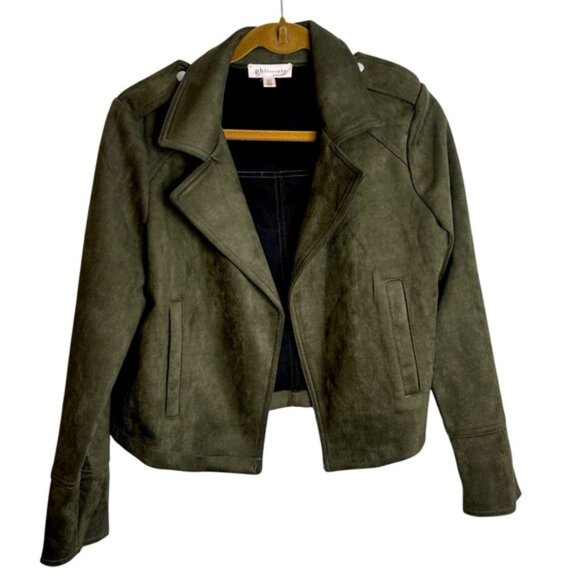 Philosophy Olive Green Women's Medium Jacket Faux Suede Open Front Waist Length - Picture 1 of 9